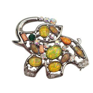 African Safari Figural Elephant‎ Yellow Green Rhinestone Silver Tone Silhouette